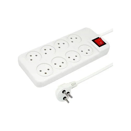 רב שקע לבן 8 שקעים + מפסק + כבל כ-3 מטר - אור שי סיטונאות חשמל בע״מ
