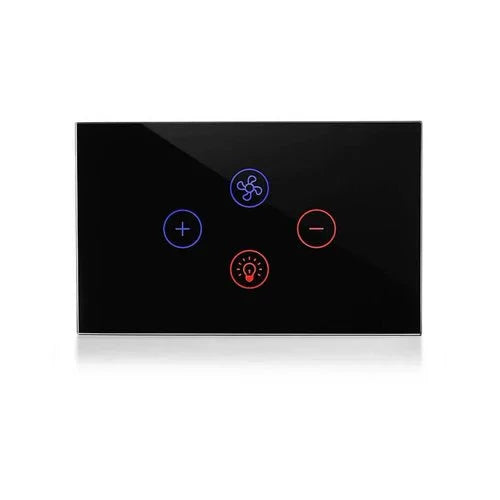 מתג טאץ' חכם משולב מאוורר ותאורה זכוכית שחורה 3 מודול WIFI - אור שי סיטונאות חשמל בע״מ