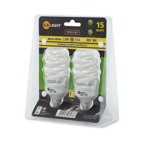 זוג נורות מיני ספירל 15W E14 אור חם - אור שי סיטונאות חשמל בע״מ