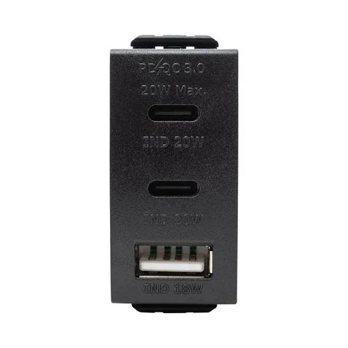 מטען 3 יציאות USB 2C+A PD 20W שחור מט 1 מודול ניסקו סוויץ' - אור שי סיטונאות חשמל בע״מ