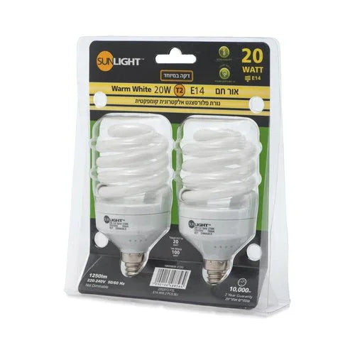 זוג נורות מיני ספירל 20W E14 אור חם - אור שי סיטונאות חשמל בע״מ