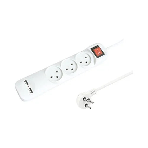 רב שקע לבן 3 שקעים + מפסק + 2X USB3.1A + כבל כ-1 מטר - אור שי סיטונאות חשמל בע״מ