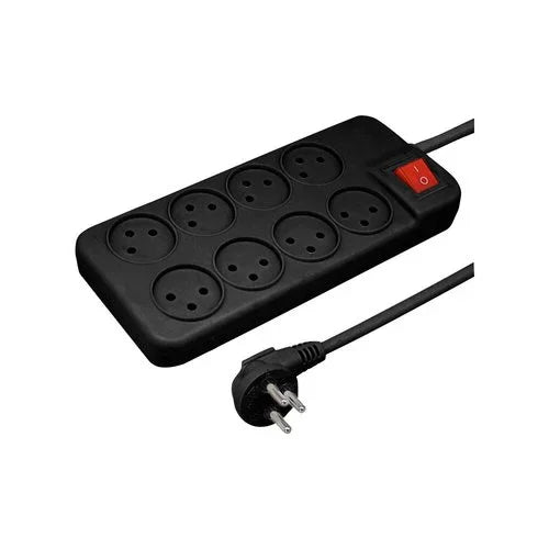 רב שקע שחור 8 שקעים + מפסק + כבל כ-3 מטר - אור שי סיטונאות חשמל בע״מ